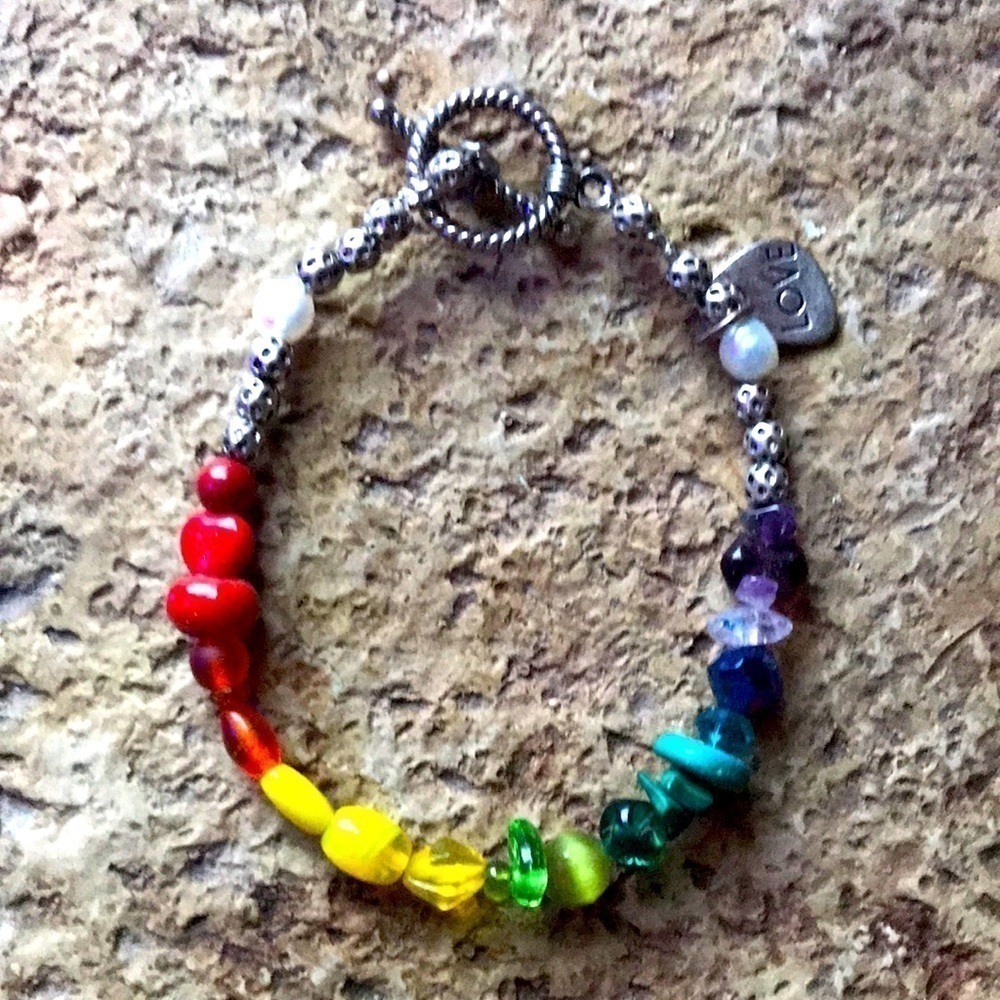 BRACELET Rainbow Jewelry colored beads silver tone mixed metal Love is Love